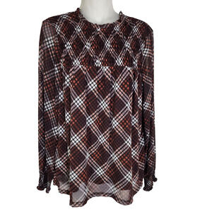 Maurices Women Melody Mesh Plaid Top Large Long Sleeve High Neck Stretch Smocked